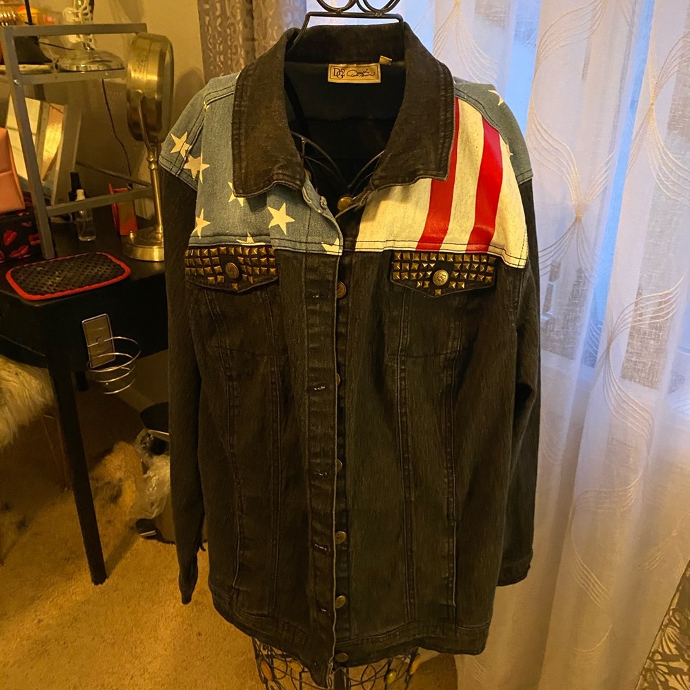 american flag black studded jean jacket